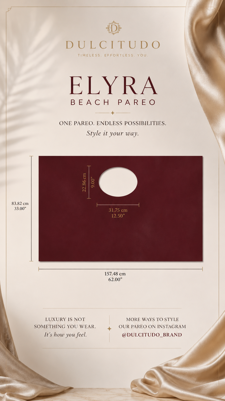 Burgundy Beach Pareo with 100% Silk Pouch